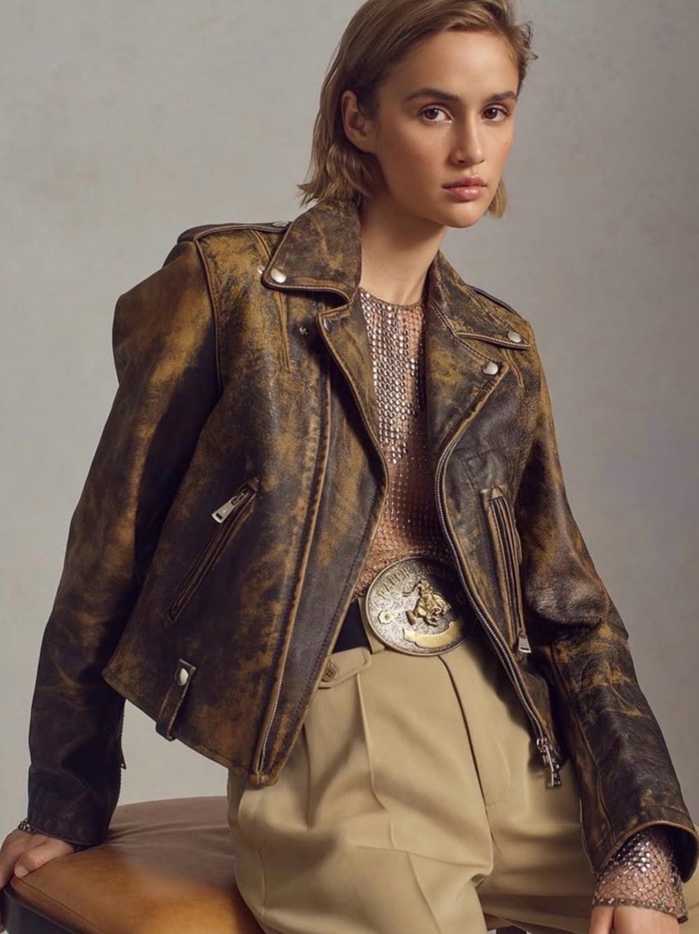 Ralph Lauren Collection Leather Jacket Burnished Calfskin Moto Biker Brown 12